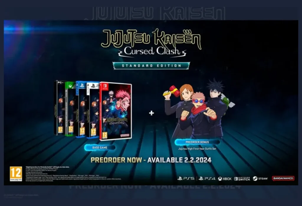 Arte promocional do jogo de luta 2v2 Jujutsu Kaisen Cursed Clash, mostrando os personagens principais e as plataformas de lançamento (PlayStation, Xbox, Nintendo Switch e PC).