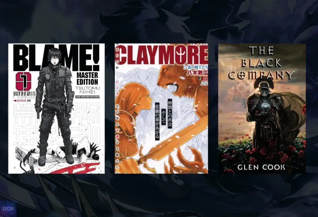 Fantasia sombria: Desvendando a Profundidade e o Impacto Desse Gênero Cativante em Animes, Mangás e Manhwas 5 Montagem para expandir o cânone da fantasia sombria, mostrando as capas do mangá Blame! de Tsutomu Nihei, do mangá Claymore de Norihiro Yagi e do livro The Black Company de Glen Cook.