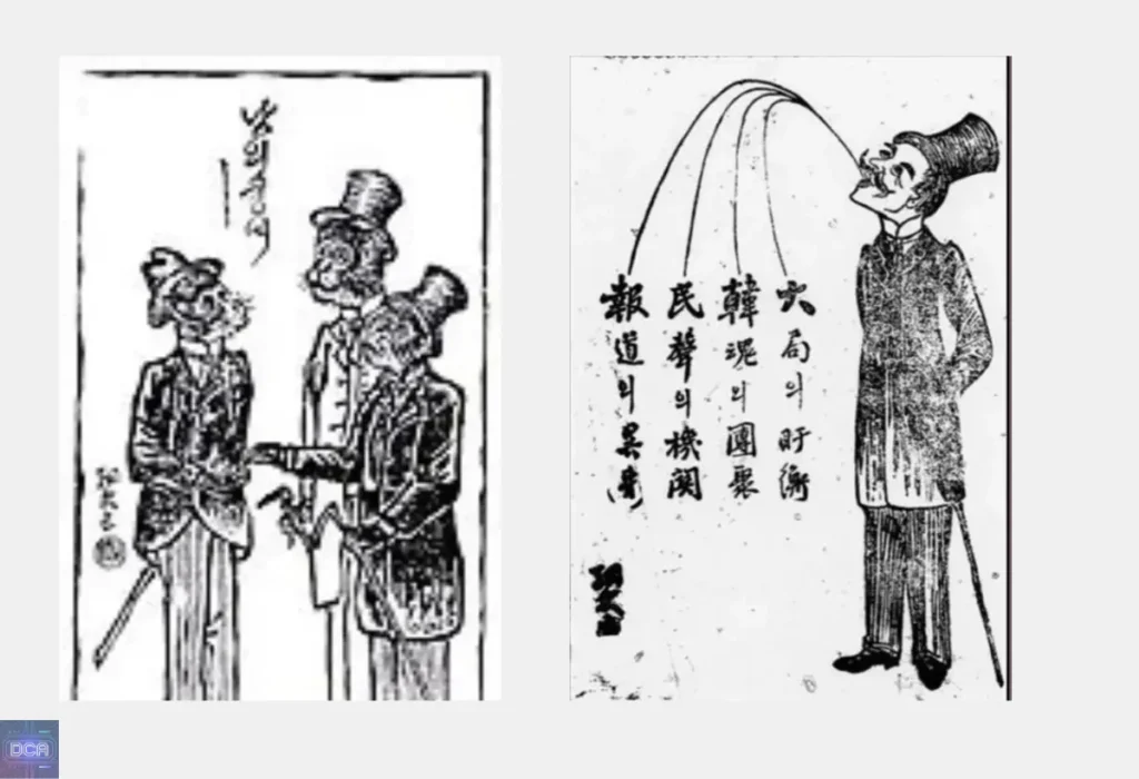 A Incrível História do Manhwa: Da Origem na Coreia à Revolução Global dos Webtoons 8 Montagem mostrando a origem do manhwa com a primeira charge de Lee Do-yeong no jornal Daehan Minbo em 1909, um exemplo da sátira política usada como resistência na história dos quadrinhos coreanos.