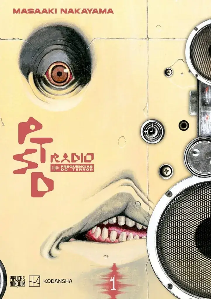 Capa do mangá de horror 'PTSD Radio: Frequências do Terror', um dos destaques da editora Pipoca & Nanquim nos lançamentos de abril de 2025.