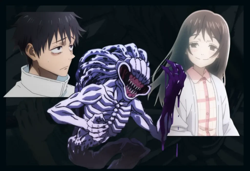 Montagem apresentando Yuuta Okkotsu, o garoto assombrado pela Maldição de Rika Orimoto, sua amiga de infância, em Jujutsu Kaisen 0.