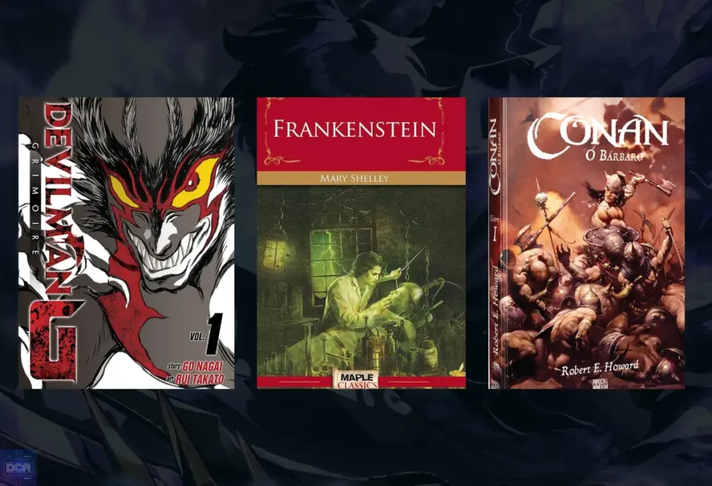 Fantasia sombria: Desvendando a Profundidade e o Impacto Desse Gênero Cativante em Animes, Mangás e Manhwas 4 Montagem mostrando as raízes da fantasia sombria com as capas de Devilman de Go Nagai, Frankenstein de Mary Shelley e Conan, o Bárbaro de Robert E. Howard, influências da literatura gótica, do mangá e do sword and sorcery.