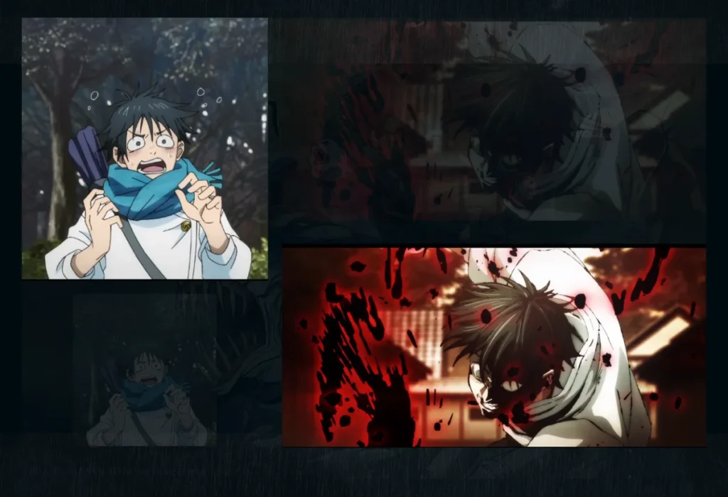 Montagem mostrando a evolução de Yuta Okkotsu em Jujutsu Kaisen 0, de um garoto assustado a um feiticeiro confiante, para ilustrar a diferença de ritmo entre o filme e o mangá.