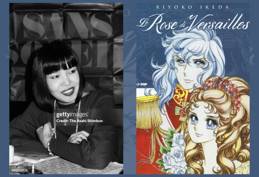 Mulheres Mangakas: A Revolução Silenciosa que Moldou o Mangá Moderno 15 Montagem da autora Riyoko Ikeda ao lado da capa de sua obra-prima 'A Rosa de Versalhes', um mangá shoujo que se tornou um épico histórico grandioso, repleto de intriga, ação e comentários sociais.