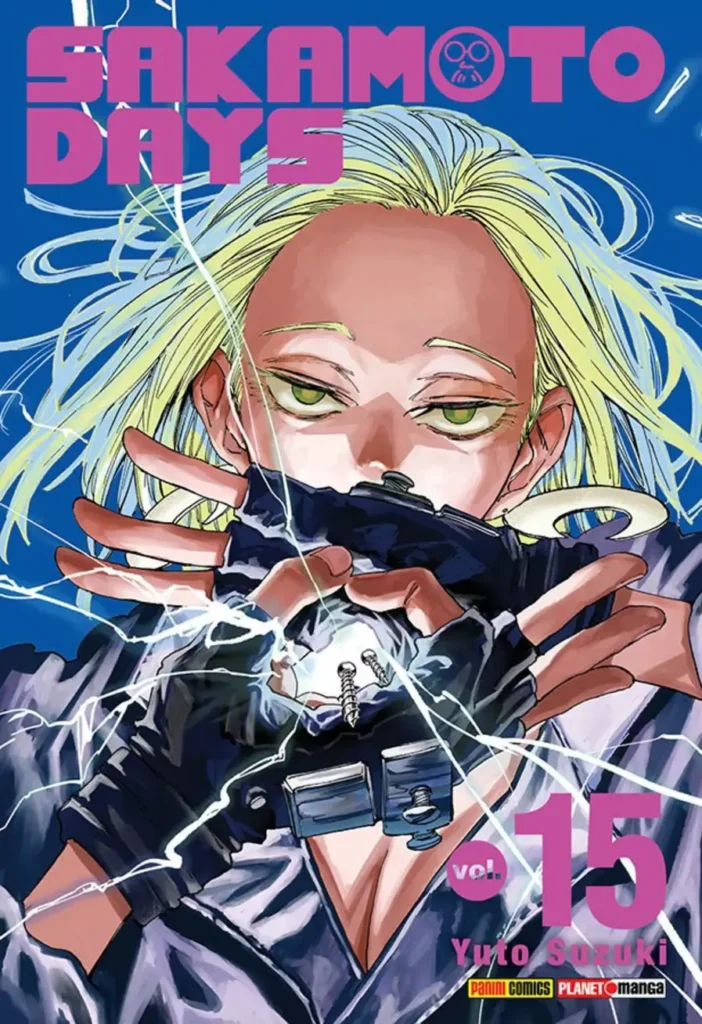 Capa do volume 15 do mangá Sakamoto Days, de Yuto Suzuki, um dos destaques na lista de pré-vendas da Panini em abril de 2025.