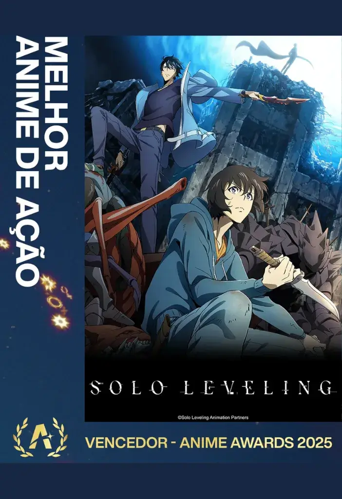 Top 5 Animes Mais Premiados no Crunchyroll Anime Awards 2025 1 Pôster de Solo Leveling, o campeão absoluto e anime mais premiado do Crunchyroll Anime Awards 2025, com destaque para seus 9 prêmios, incluindo Anime do Ano.