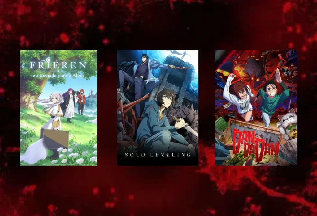 Montagem com os pôsteres dos animes Frieren, Solo Leveling e DAN DA DAN, grandes destaques na lista completa de vencedores do Crunchyroll Anime Awards 2025.