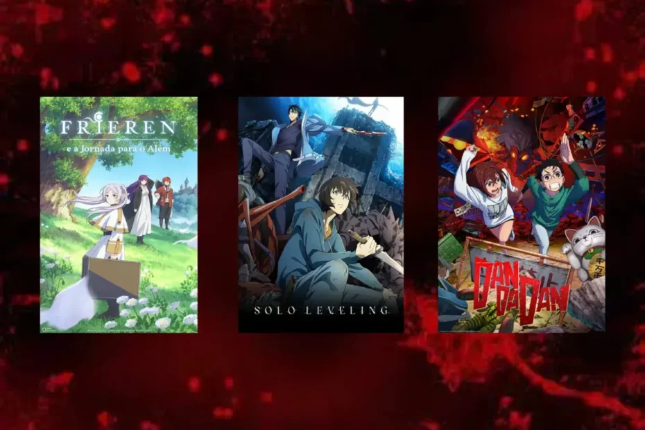 Montagem com os pôsteres dos animes Frieren, Solo Leveling e DAN DA DAN, grandes destaques na lista completa de vencedores do Crunchyroll Anime Awards 2025.