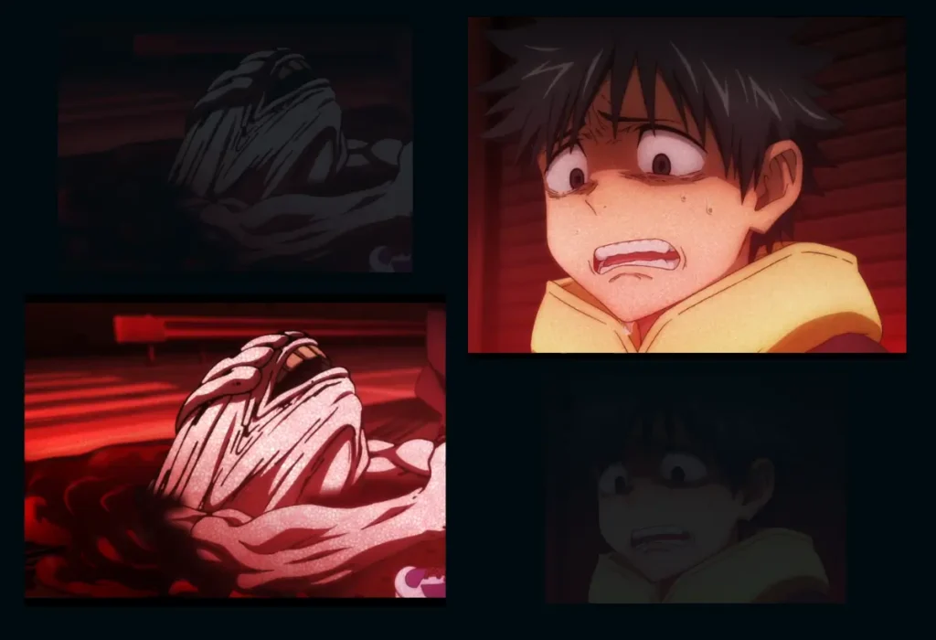 A revelação da verdadeira natureza da maldição de Rika em Jujutsu Kaisen 0, mostrando Yuta Okkotsu testemunhando a transformação que ele mesmo, inconscientemente, causou.