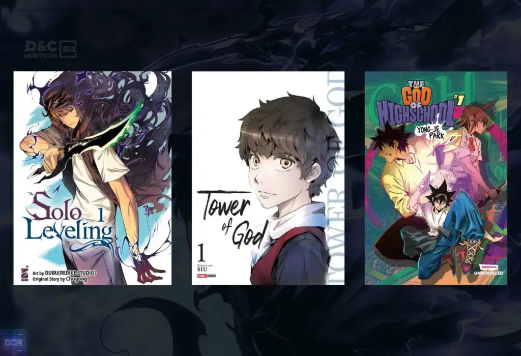 A Incrível História do Manhwa: Da Origem na Coreia à Revolução Global dos Webtoons 12 Montagem com as capas dos webtoons coreanos de sucesso global Solo Leveling, Tower of God e The God of High School, exemplos da conquista do mercado mundial pela história do manhwa.