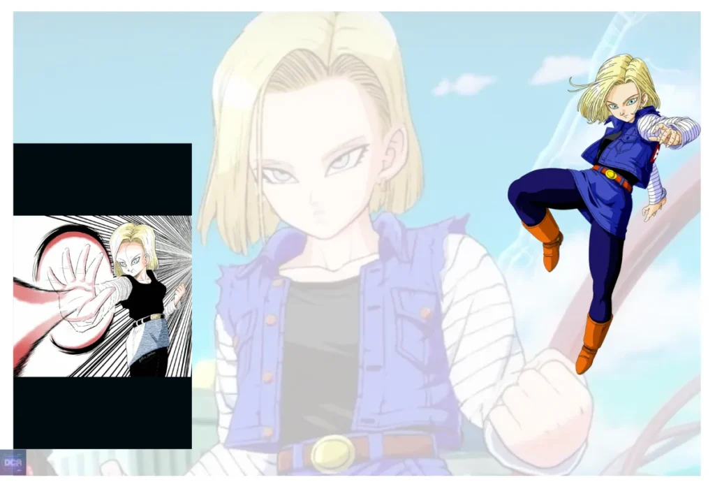Montagem da Androide 18 em poses de luta em Dragon Ball, representando sua evolução de arma para uma das mais fortes personagens mães dos animes.