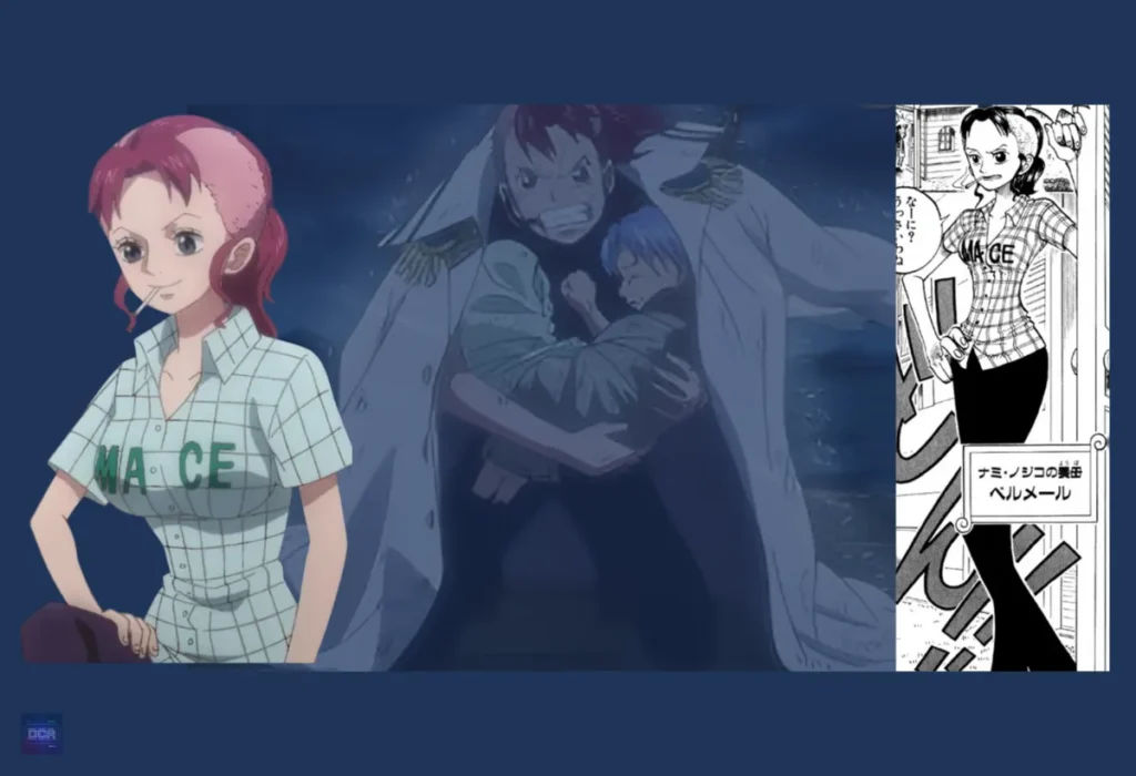 Montagem de Bell-mère em One Piece, mostrando-a confrontando Arlong e em poses de luta, como uma das mais fortes personagens mães dos animes.
