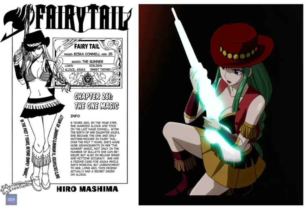 Montagem de Bisca Connell em Fairy Tail, mostrando a maga atiradora em poses de combate, como uma das mais fortes personagens mães dos animes.