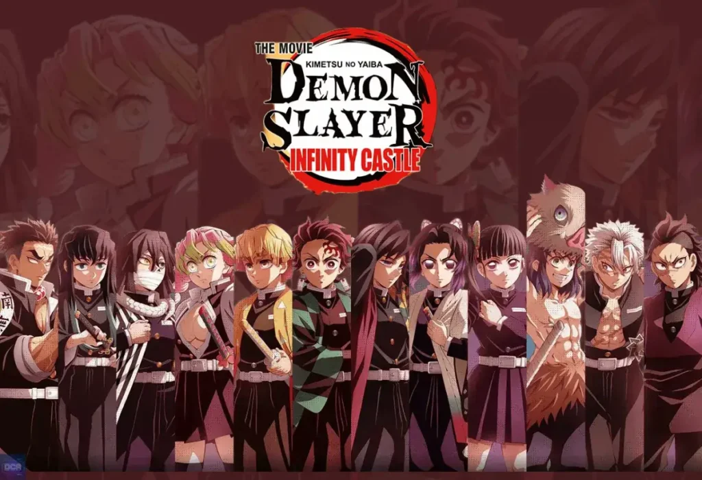 Guia completo da trilogia Demon Slayer Castelo Infinito, com os Hashiras e protagonistas de Kimetsu no Yaiba reunidos no pôster oficial do filme.