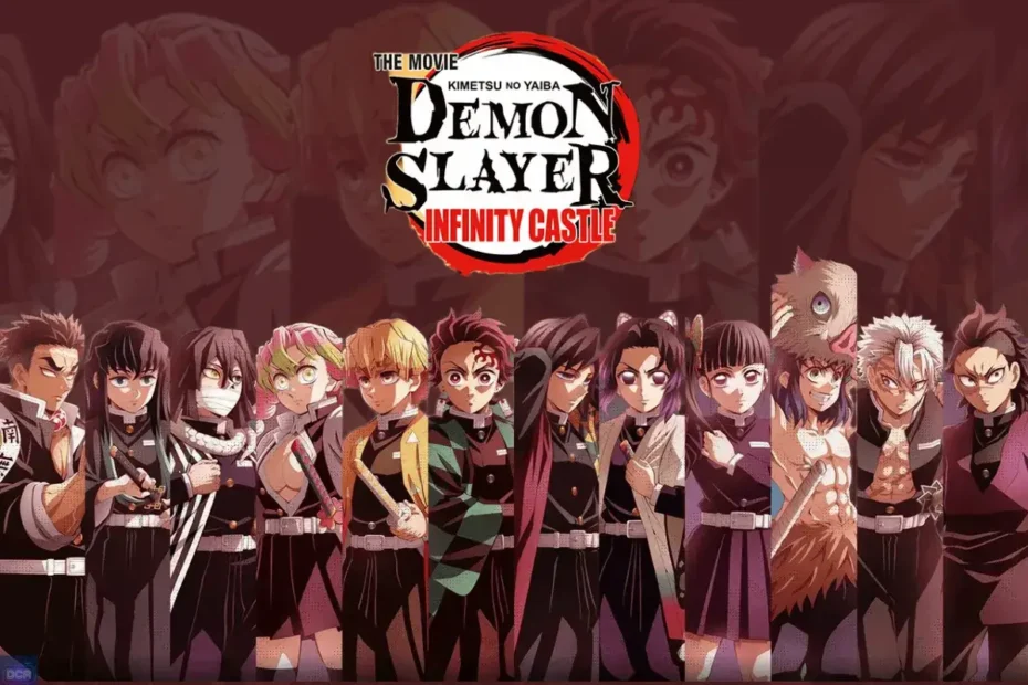 Guia completo da trilogia Demon Slayer Castelo Infinito, com os Hashiras e protagonistas de Kimetsu no Yaiba reunidos no pôster oficial do filme.