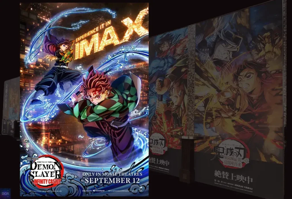 Pôster do filme Demon Slayer Castelo Infinito destacando a experiência em IMAX, formato recomendado para assistir à batalha final com a máxima qualidade de som e imagem.