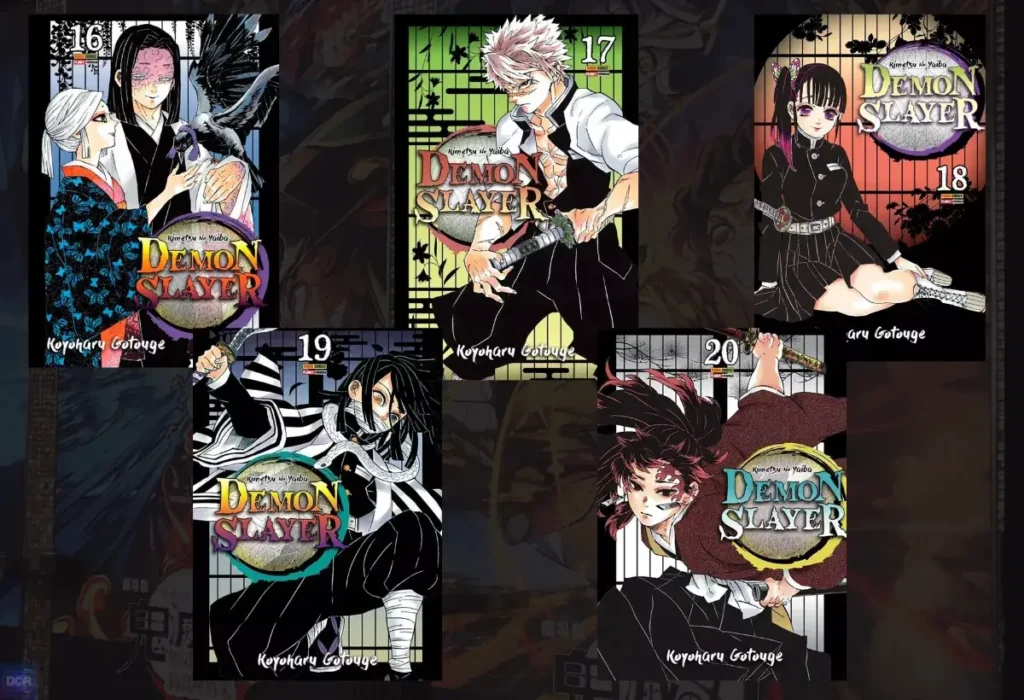 Capas dos volumes do mangá de Demon Slayer que adaptam o arco do Castelo Infinito e a Contagem Regressiva para o Amanhecer, a base para a trilogia de filmes de Kimetsu no Yaiba.