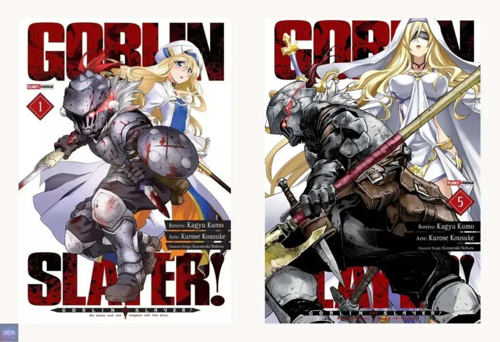 Capas do mangá Goblin Slayer, uma fantasia sombria que se destaca pela desglamourização do trabalho de aventureiro, focando na estratégia brutal e no aspecto visceral do combate.