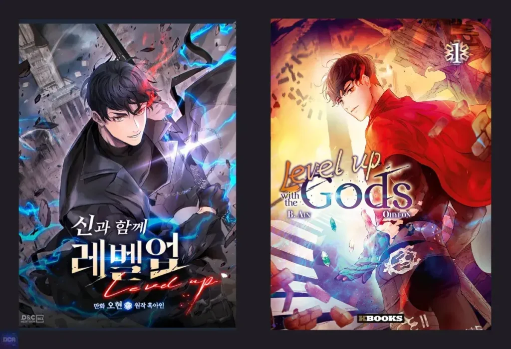 Artes do manhwa Leveling Up With The Gods, uma fantasia sombria cujo terror vem do determinismo e da melancolia do protagonista Kim YuWon, que conhece o destino trágico de todos ao seu redor.