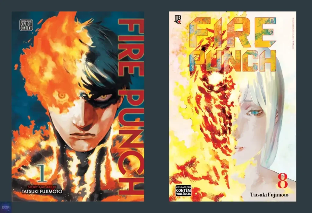 Capas do mangá Fire Punch de Tatsuki Fujimoto, uma fantasia sombria visceral que explora a dor como combustível e a busca insana por um propósito em um mundo pós-apocalíptico.