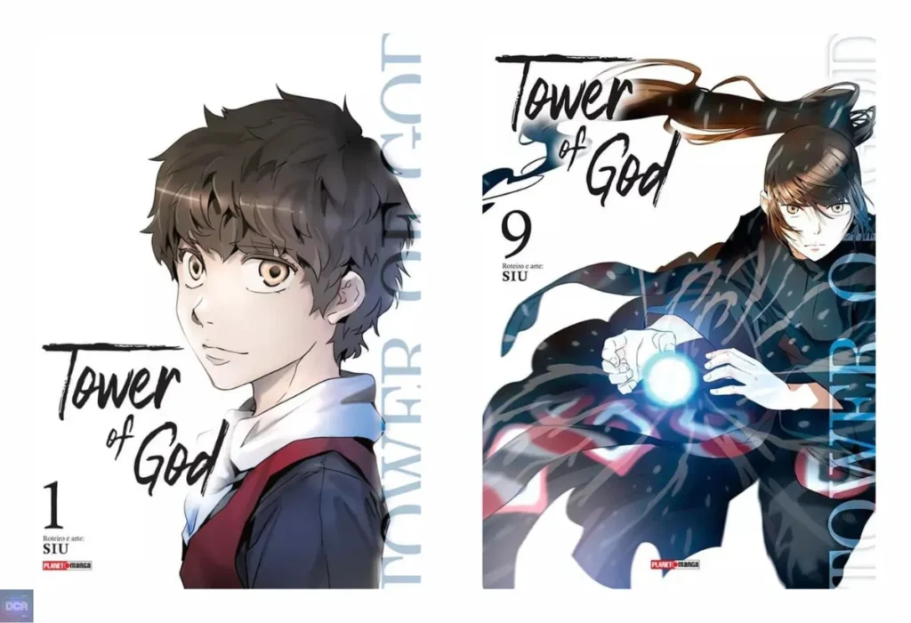 Montagem comparando a capa do volume 1 com a do volume 9 de Tower of God, ilustrando a nítida evolução e corrupção do protagonista Bam pelo sistema opressor da Torre.