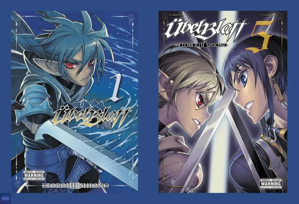 Capas do mangá Übel Blatt, uma fantasia sombria de vingança focada em expor a corrupção de um sistema heroico e em forçar o leitor a questionar quem são os verdadeiros monstros.