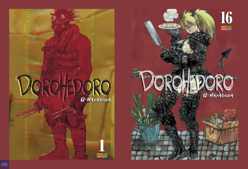 Capas do mangá Dorohedoro de Q Hayashida, uma fantasia sombria única que mistura violência grotesca com humor negro e momentos mundanos, criando um mundo caótico e acolhedor.