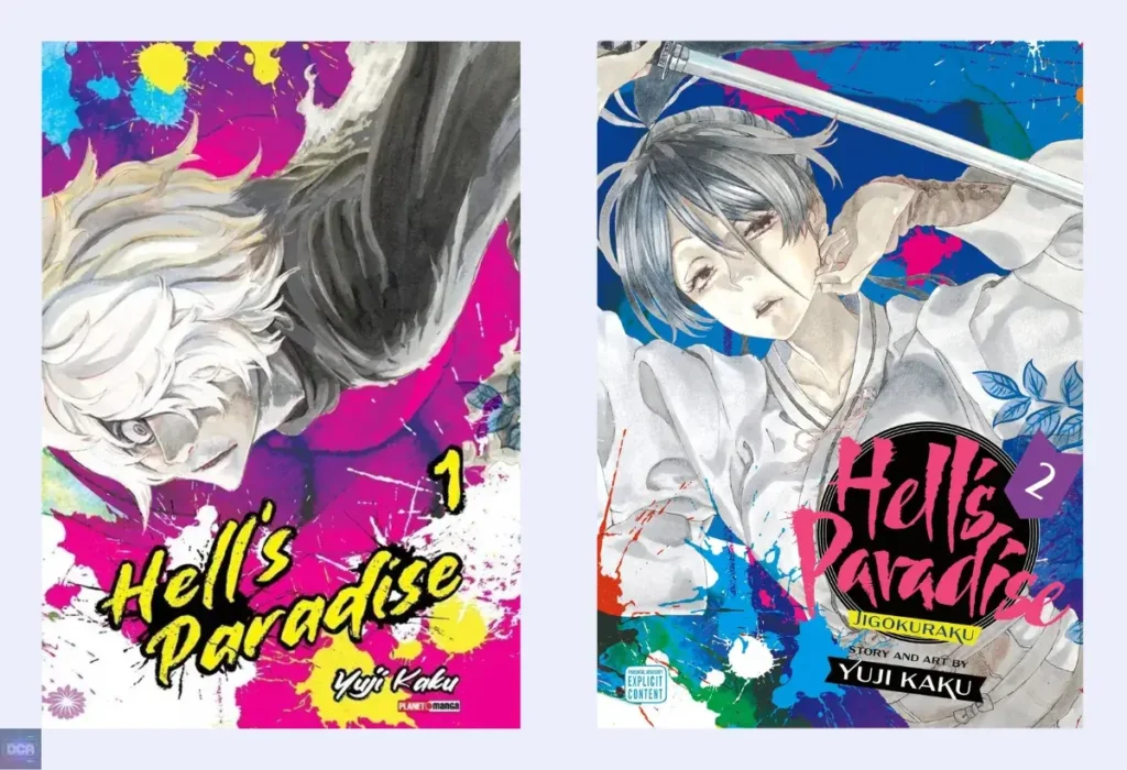 Capas do mangá Hell's Paradise de Yuji Kaku, um seinen de fantasia sombria que se destaca pelo forte contraste entre sua arte belíssima, quase floral, e sua violência grotescamente explícita.