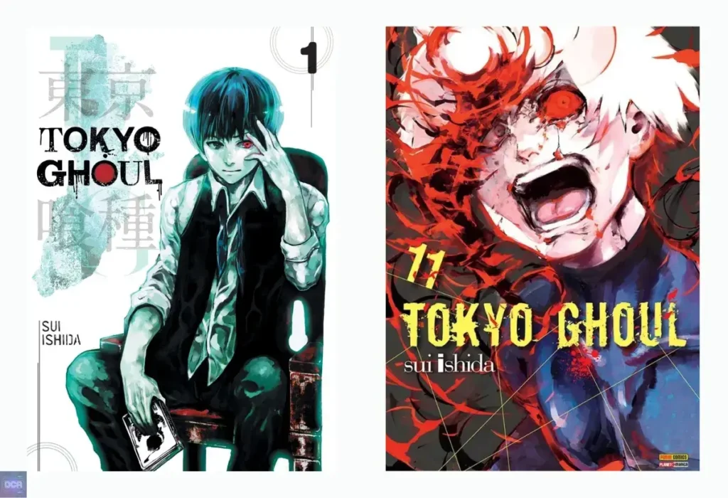 Capas do mangá Tokyo Ghoul que mostram a transformação de Ken Kaneki, uma fantasia sombria onde os Kagune são extensões da psique, transformando as lutas em explosões de body horror e conflito interno.