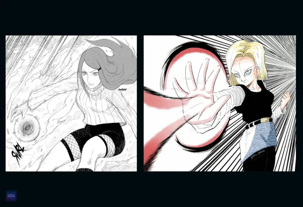 Montagem de Kushina Uzumaki e a Androide 18, em uma comparação de poder bruto e resiliência das personagens mães mais fortes dos animes.