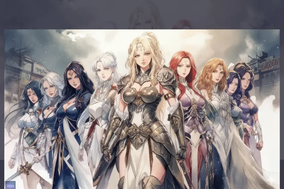 Ilustração de IA de várias mães guerreiras do anime com seus filhos, em um cenário de batalha, com a personagem principal empunhando uma espada.