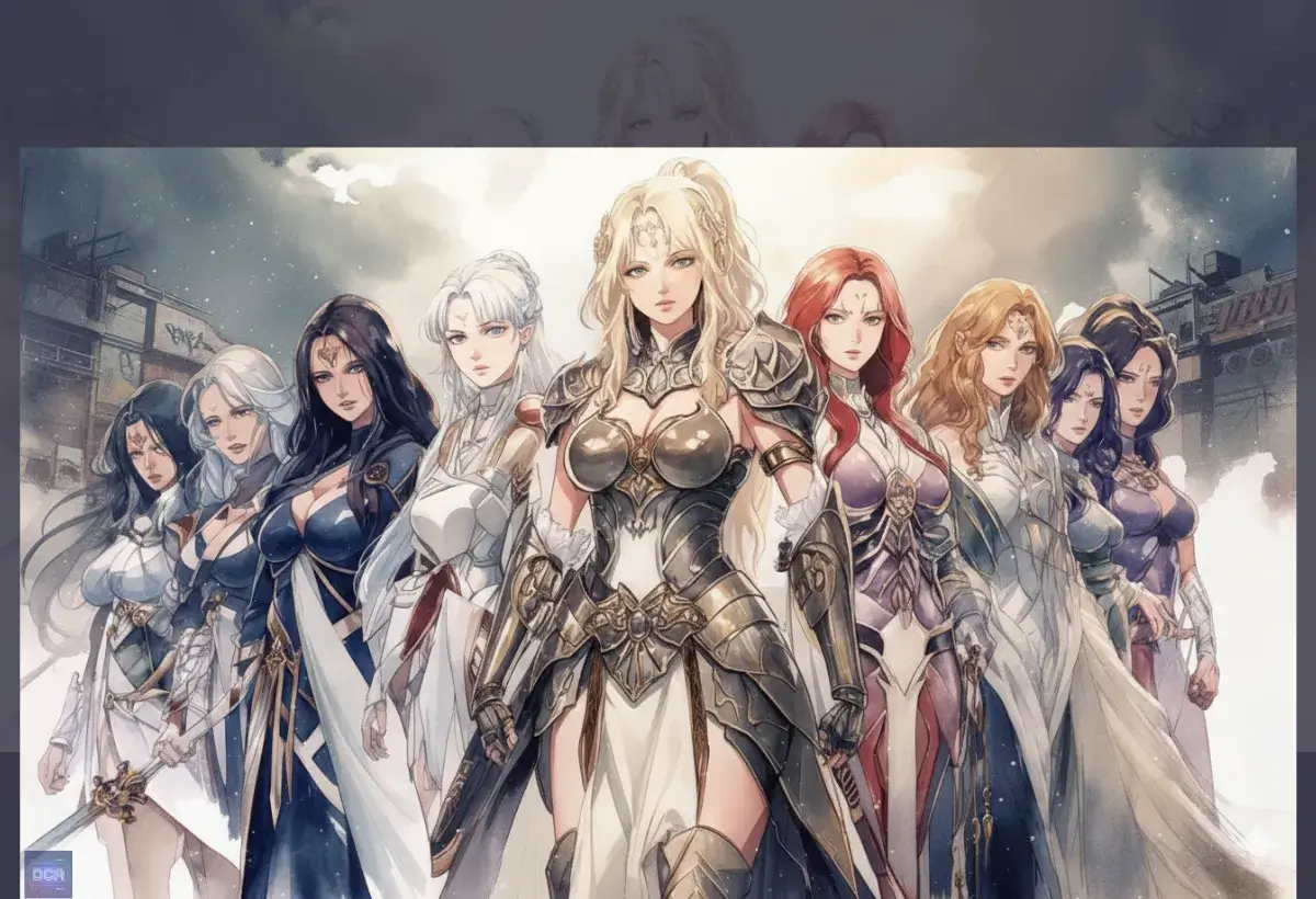 Ilustração de IA de várias mães guerreiras do anime com seus filhos, em um cenário de batalha, com a personagem principal empunhando uma espada.