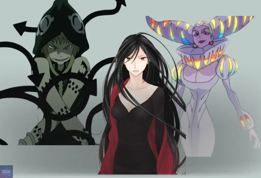 Montagem das mães vilãs dos animes Medusa Gorgon de Soul Eater, Ren Sohma de Fruits Basket e Ragyo Kiryuin de Kill la Kill, representando a maternidade sombria nos animes.