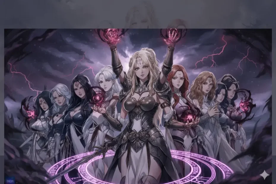 Ilustração de IA de várias mães vilãs dos animes com auras sombrias, representando o lado trágico da maternidade nos animes.