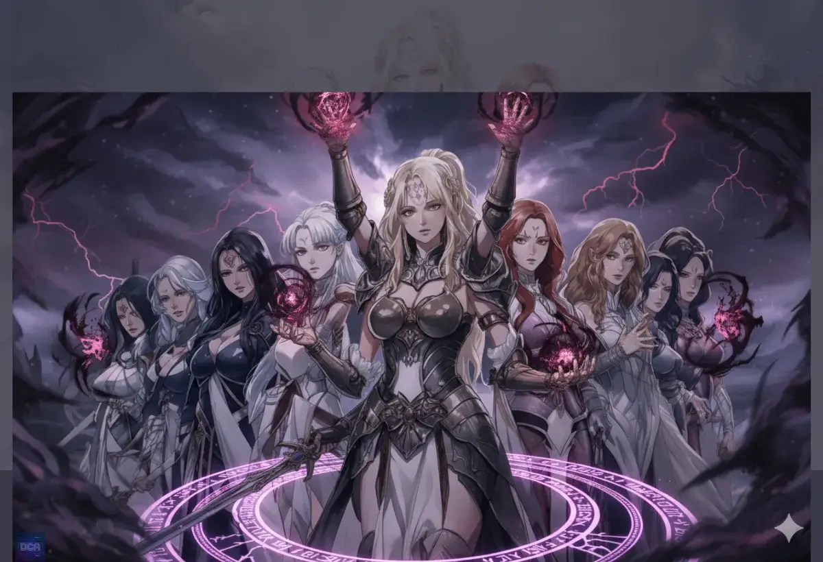 Ilustração de IA de várias mães vilãs dos animes com auras sombrias, representando o lado trágico da maternidade nos animes.