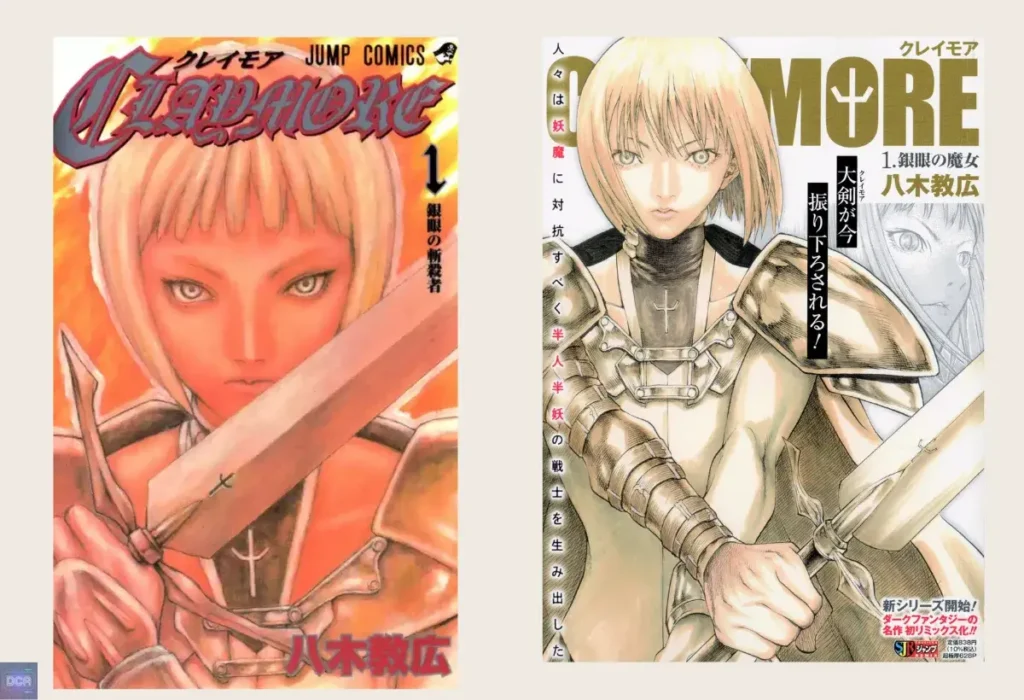 Capas do mangá Claymore, um dos melhores mangas de fantasia sombria com protagonistas femininas fortes, que explora temas de sacrifício, irmandade e o body horror de perder a humanidade.