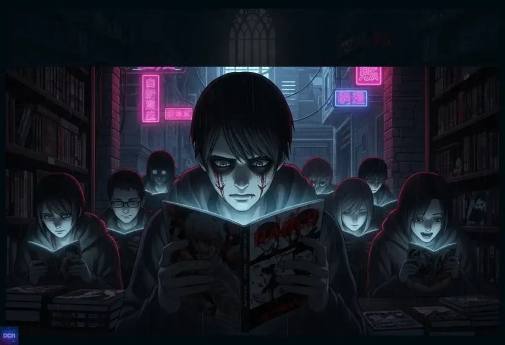 Ilustração sombria de jovens lendo intensamente em uma biblioteca, representando a imersão nos mundos brutais dos melhores manhwas de fantasia sombria.