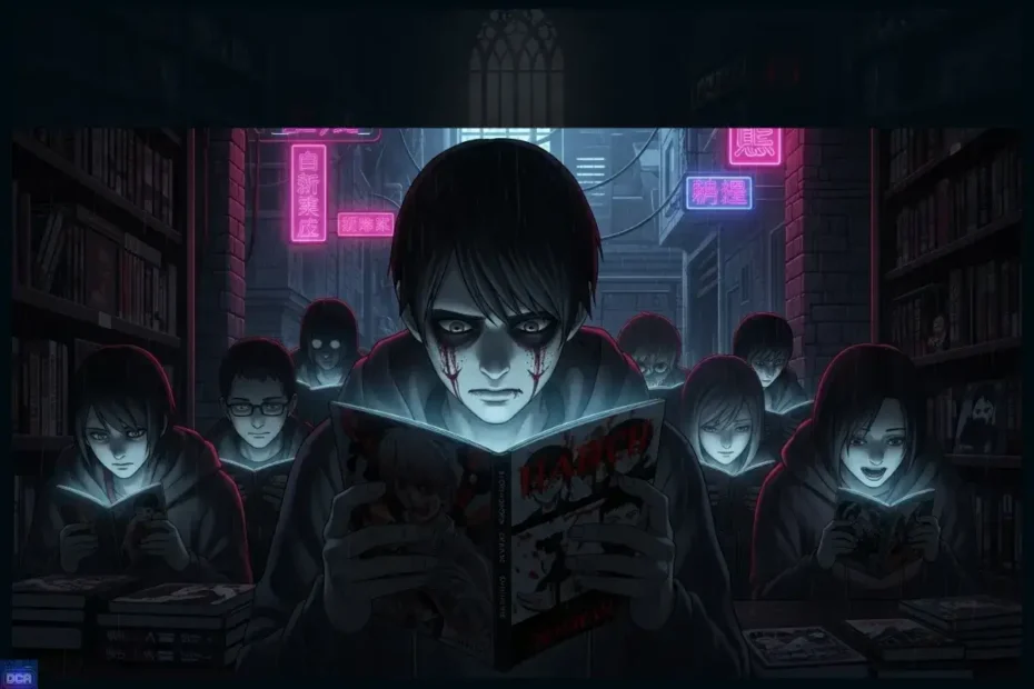 Ilustração sombria de jovens lendo intensamente em uma biblioteca, representando a imersão nos mundos brutais dos melhores manhwas para fãs de fantasia sombria.