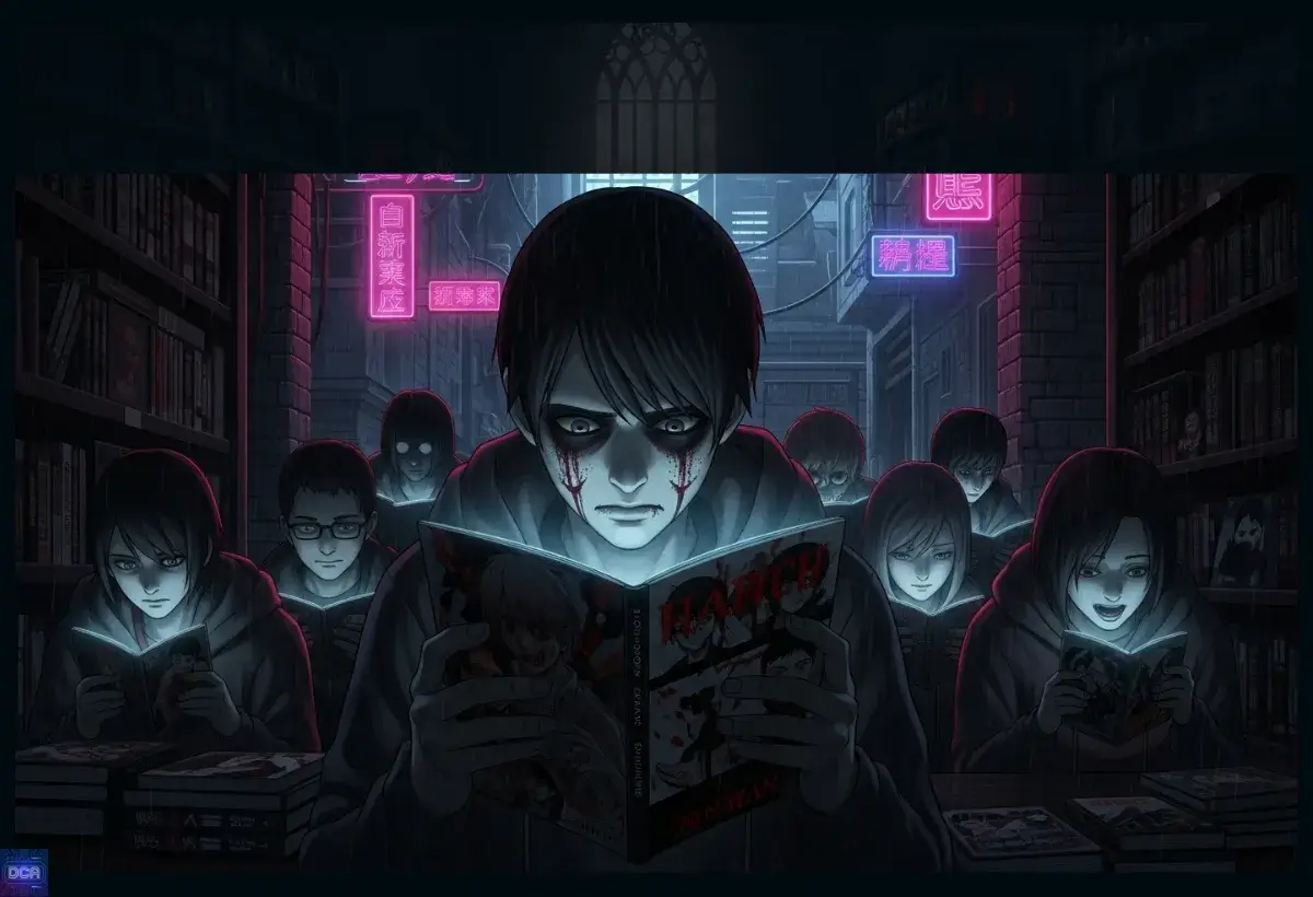 Ilustração sombria de jovens lendo intensamente em uma biblioteca, representando a imersão nos mundos brutais dos melhores manhwas para fãs de fantasia sombria.