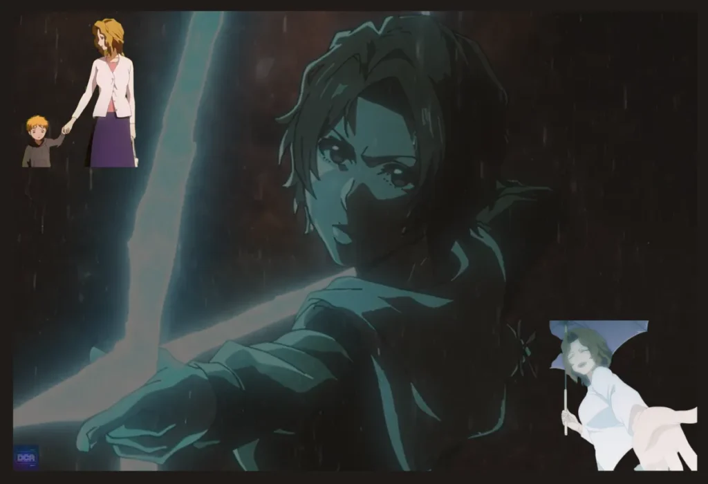 Montagem de Masaki Kurosaki em Bleach, mostrando-a como uma Quincy em batalha e como mãe de Ichigo, simbolizando uma das mais fortes personagens mães dos animes.