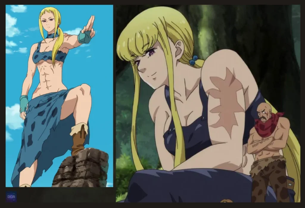 Montagem de Matrona em The Seven Deadly Sins, mostrando a poderosa guerreira e sua família, como uma das mais fortes personagens mães dos animes.