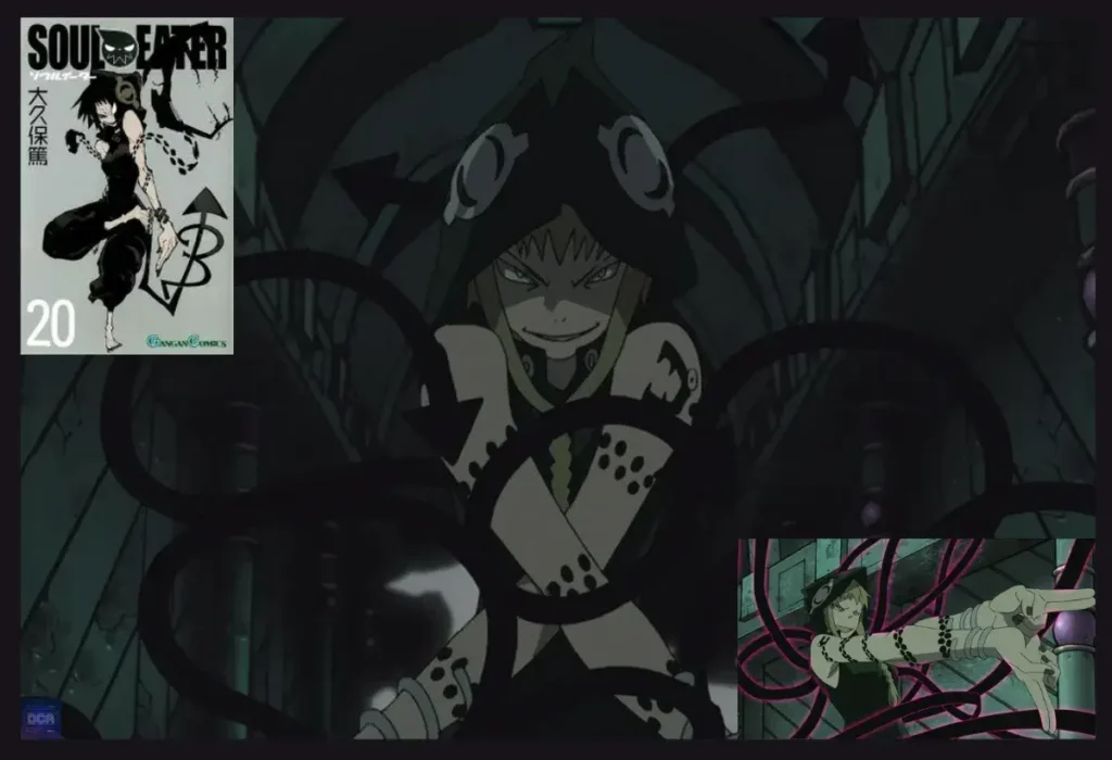 Montagem de Medusa Gorgon em Soul Eater, a mãe científica e fria que usa o filho Crona para experimentos, uma das mães antagonistas anime mais cruéis.