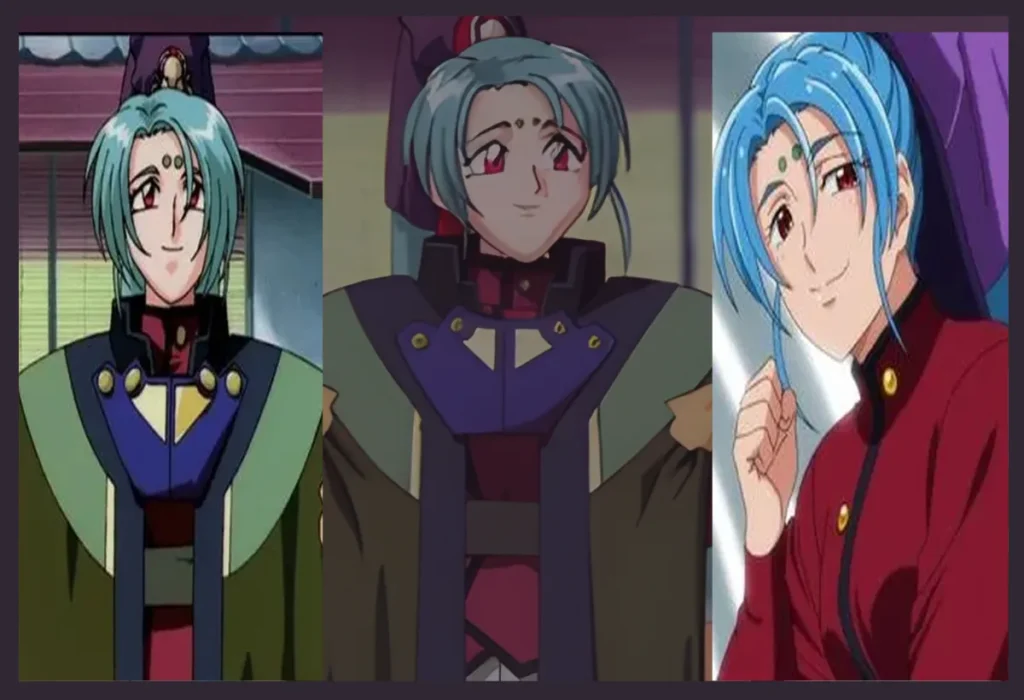 Montagem de Misaki Masaki Jurai em Tenchi Muyo!, mostrando a poderosa rainha galáctica, uma das mais fortes mães sobrenaturais anime.