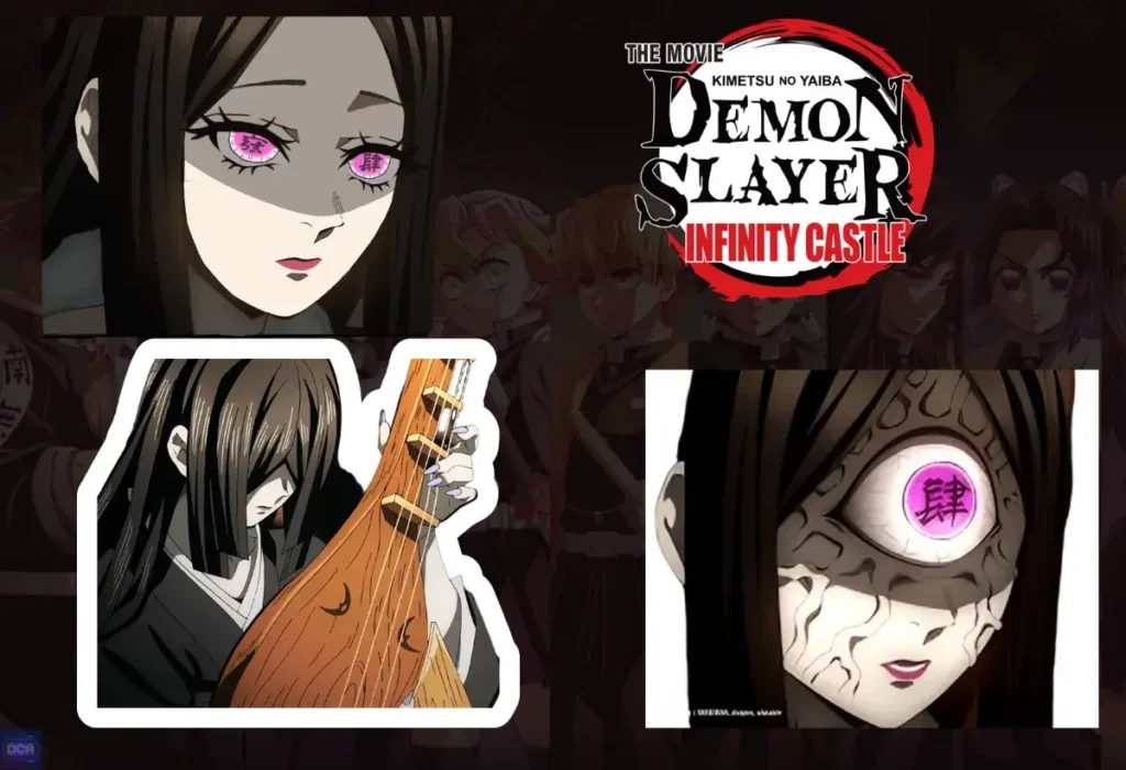 Nakime, a nova Lua Superior 4, controlando a dimensão do Castelo Infinito com sua biwa em Demon Slayer. A imagem destaca seu poder e sua posição no exército de Muzan.