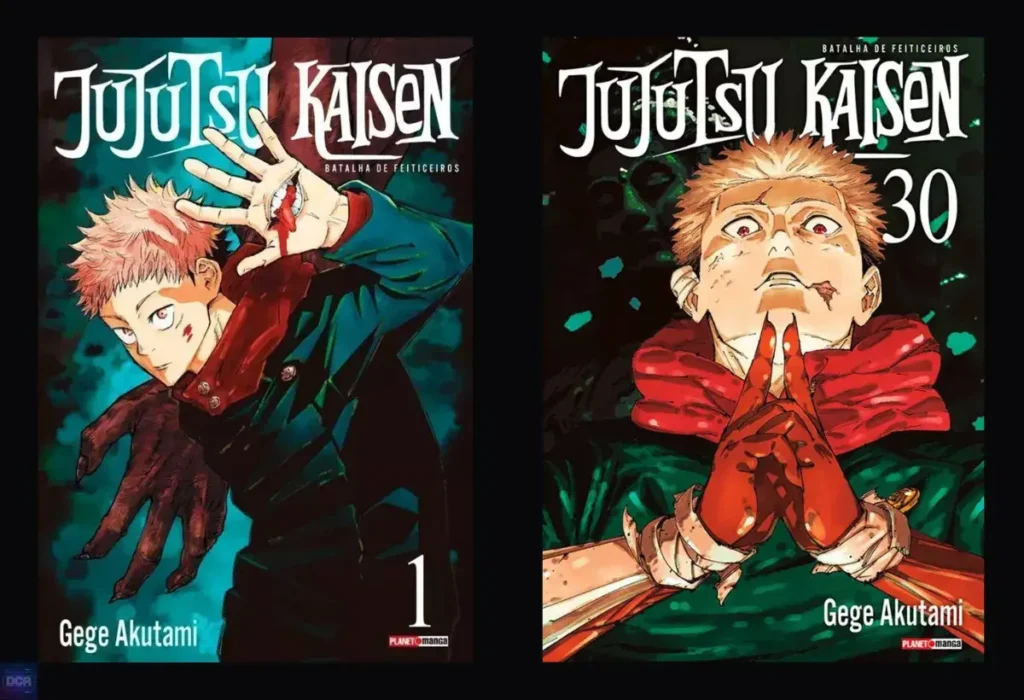 Comparação de capas do mangá Jujutsu Kaisen que ilustra o sofrimento do protagonista Yuji Itadori em um mundo impiedoso, que mistura a estrutura de um Shonen com o pessimismo de um Seinen.