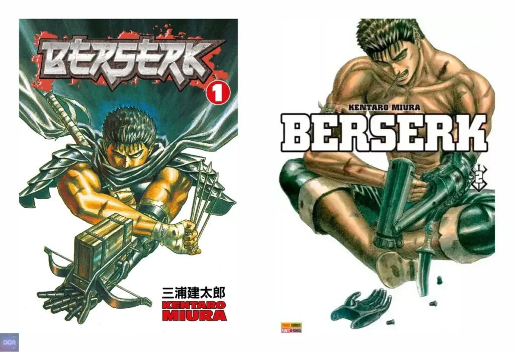 Capas do mangá Berserk de Kentaro Miura, a obra-prima definitiva dos mangas para fãs de fantasia sombria, que explora o trauma e a resiliência de seu protagonista, Guts.