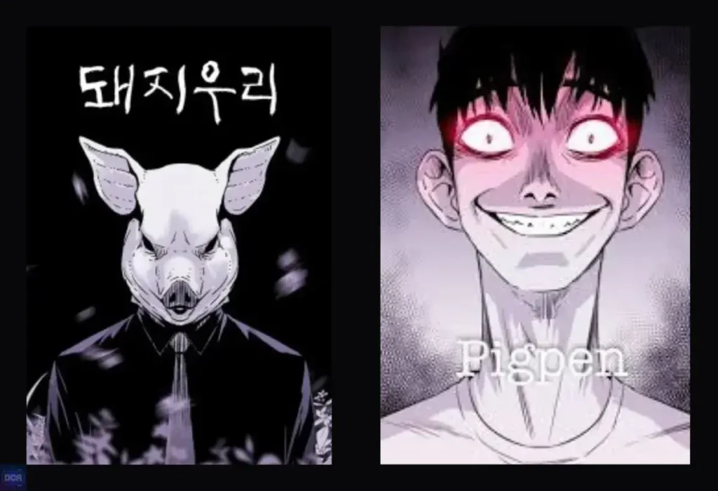 Montagem de artes do manhwa Pigpen, um terror psicológico de Carnby Kim que usa um estilo claustrofóbico e texturas granuladas para induzir uma sensação de paranoia e loucura no leitor.