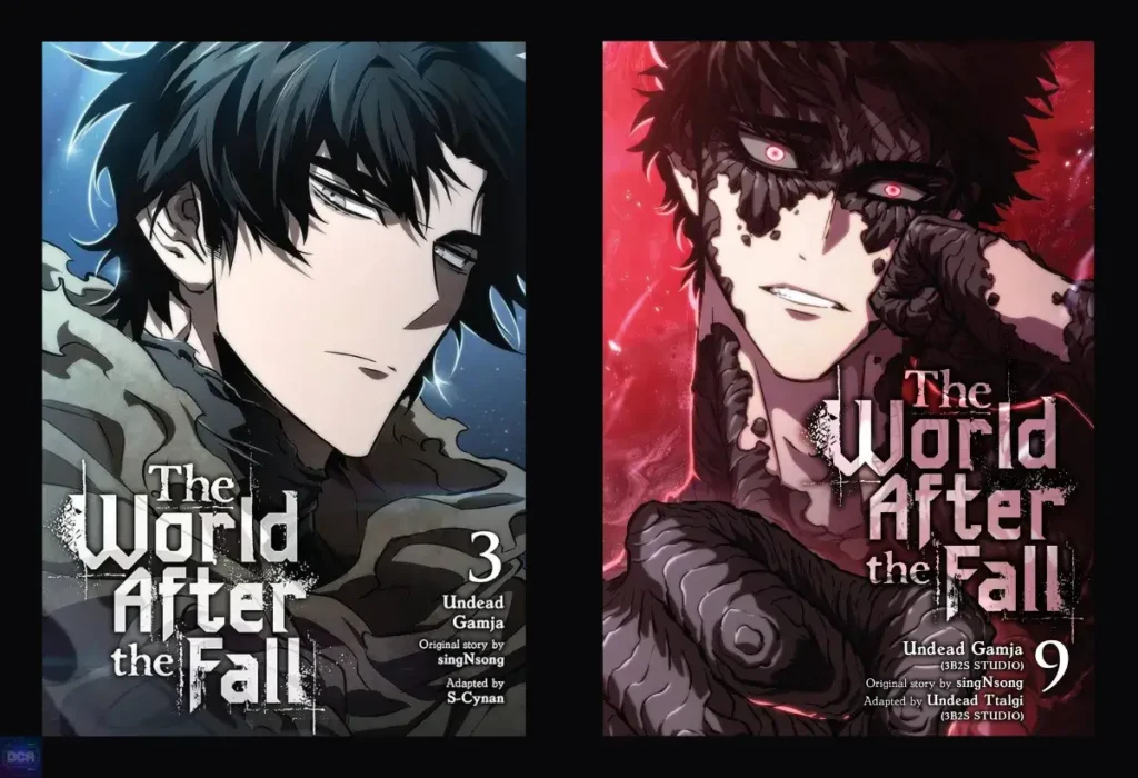 Montagem do manhwa The World After The Fall que ilustra a transformação do protagonista Jaehwan, em uma fantasia sombria sobre a luta contra a insignificância e o vazio existencial.