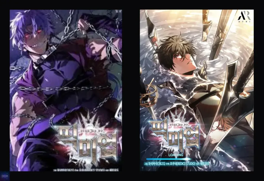 Artes do manhwa Pick Me Up Infinite Gacha, uma fantasia sombria que transforma a aleatoriedade de um jogo gacha em terror cósmico sobre lutar contra um destino arbitrário.