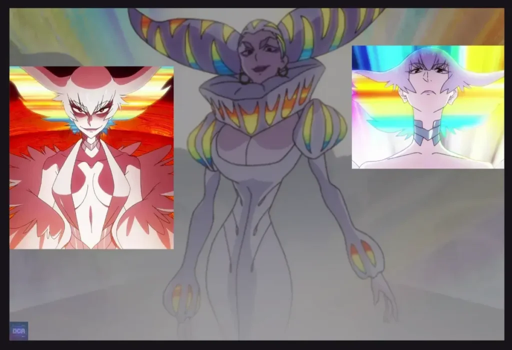 Montagem de Ragyo Kiryuin em Kill la Kill, a rainha das mães vilãs dos animes, com sua vestimenta de Fibras da Vida e aparência arrogante.